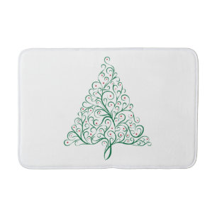Elegant Red and Green Calligraphy Christmas Tree Bath Mat