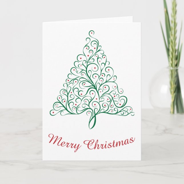 Elegant Red and Green Calligraphy Christmas Tree Card (Front)