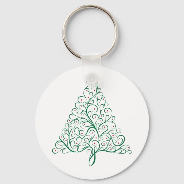 Elegant Red and Green Calligraphy Christmas Tree Key Ring (Front)