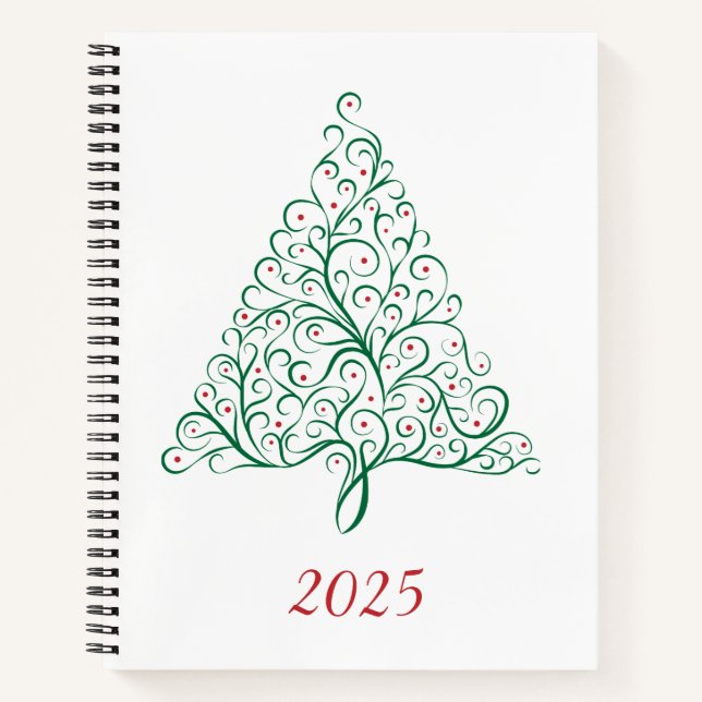 Elegant Red and Green Calligraphy Christmas Tree Notebook (Front)