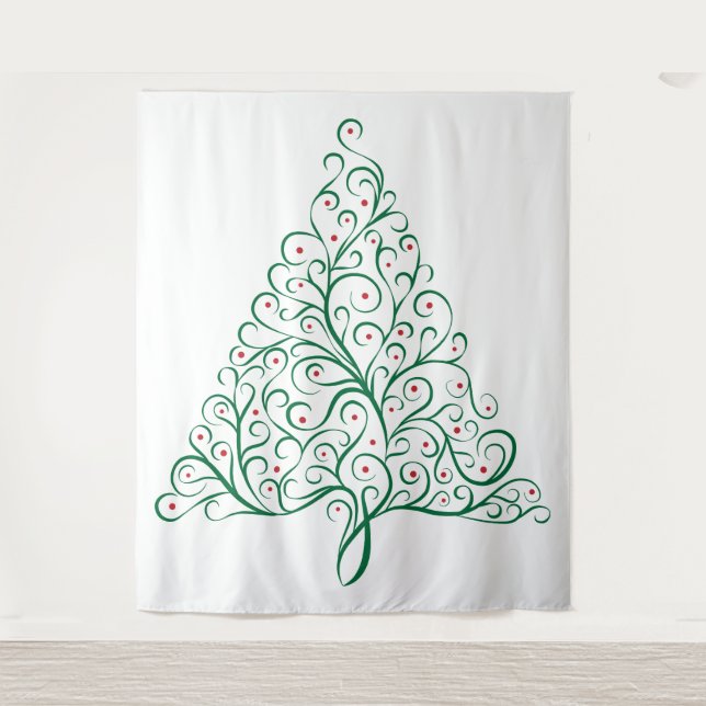 Elegant Red and Green Calligraphy Christmas Tree Tapestry (Front)