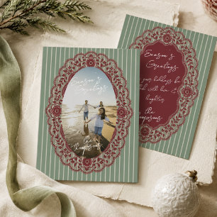 Elegant Red and Green Lace Oval Frame Photo  Holiday Card