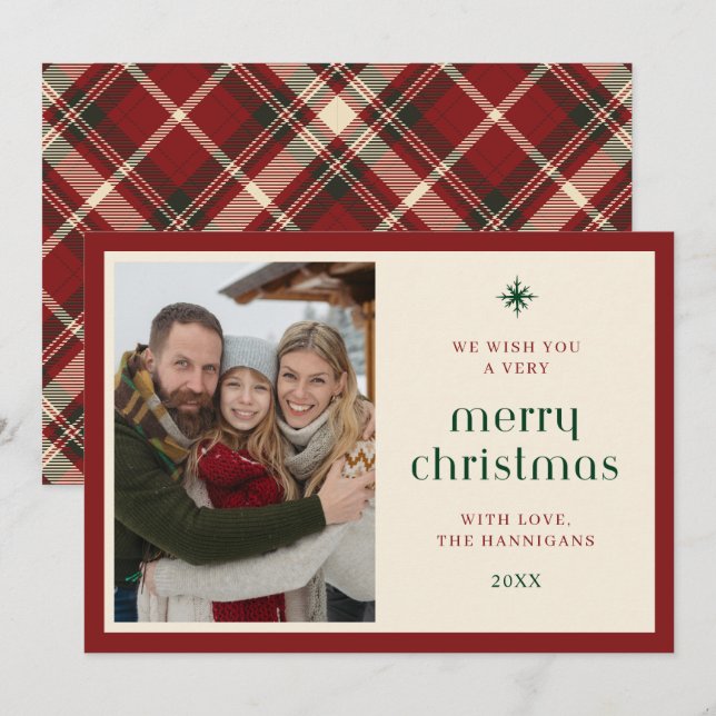 Elegant Red and Green Plaid Tartan Photo Flat Holiday Card (Front/Back)