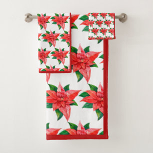 Elegant Red and Green Poinsettia Floral Christmas  Bath Towel Set
