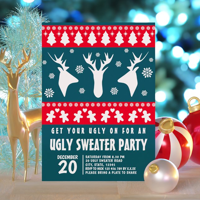 Elegant Red and Green Reindeer Ugly Sweater Party Invitation (Elegant Red and Green Reindeer Ugly Sweater Party Invitation)