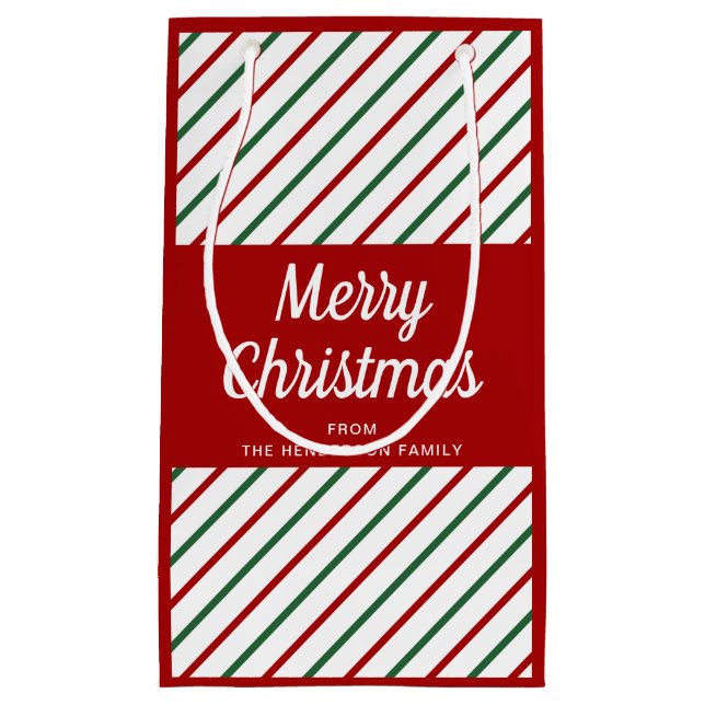 Elegant Red And Green Stripes Merry Christmas Small Gift Bag (Front)