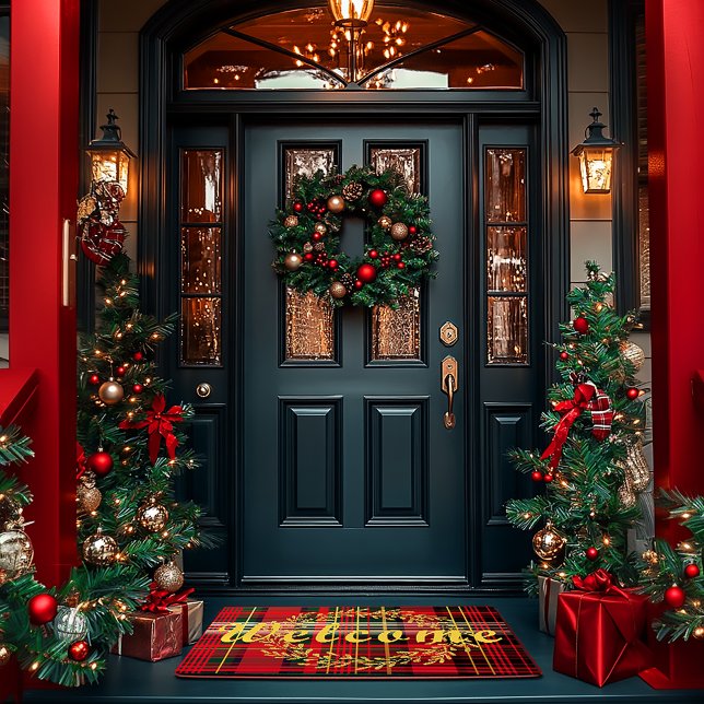 Elegant Red and Green Tartan Plaid Christmas  Doormat (Festive Red Christmas Tartan Plaid Holiday Welcome Mat )