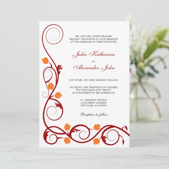 Elegant Red and Orange Swirls Wedding Invitation (Standing Front)