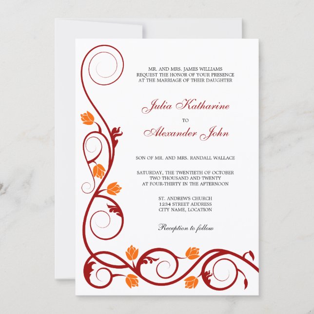 Elegant Red and Orange Swirls Wedding Invitation (Front)
