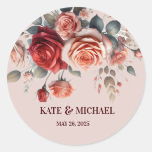 Elegant Red and Peach Blush Floral Wedding Classic Round Sticker