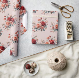Elegant Red and Peach Blush Floral Wrapping Paper