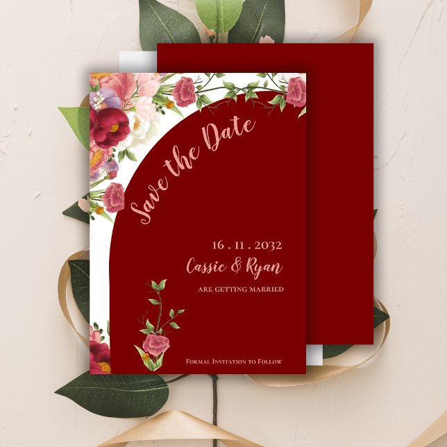 Elegant Red and Peach Floral Arch Save the Date (Elegant Red and Peach Floral Arch Save the Date Invitation)