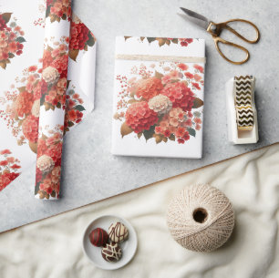 Elegant Red and Peach Hydrangea Floral Wrapping Paper