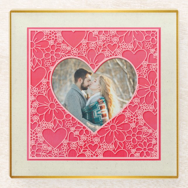 Elegant Red and Pink Floral Hearts Valentine's Day Glass Coaster (Front)