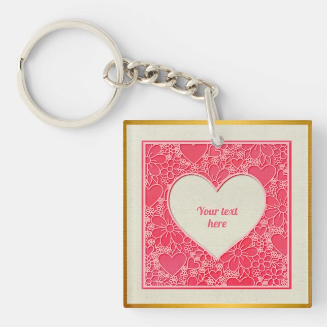 Elegant Red and Pink Floral Hearts Valentine's Day Key Ring (Front)