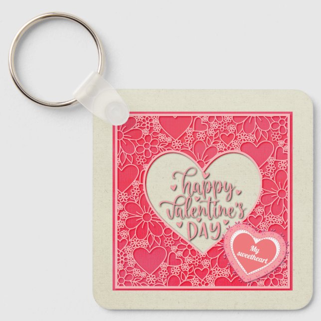 Elegant Red and Pink Floral Hearts Valentine's Day Key Ring (Front)