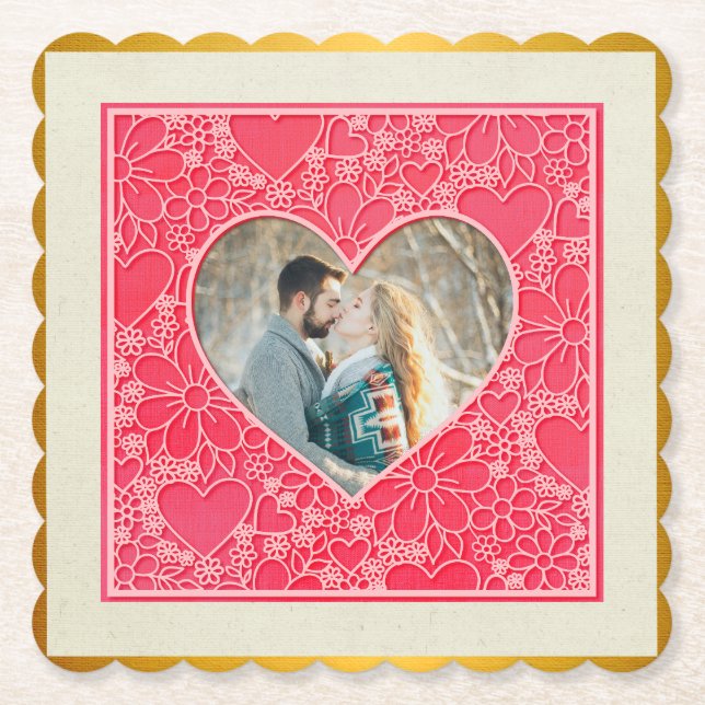 Elegant Red and Pink Floral Hearts Valentine's Day Paper Coaster (Front)