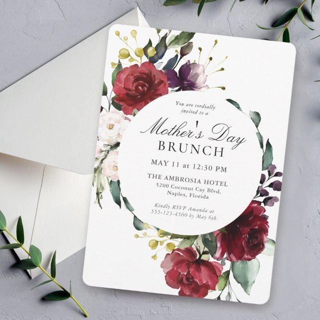 Elegant Red and Purple Floral Mothers Day Brunch Invitation (Available in both printed and instant download digital formats.)