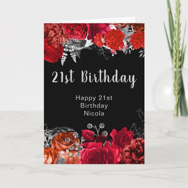 Elegant Red and Silver Flowers Birthday Card (Front)