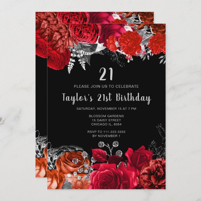 Elegant Red and Silver Flowers Birthday Party Invitation (Front/Back)