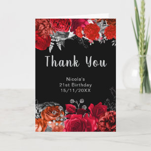 Elegant Red and Silver Flowers Birthday Party Thank You Card