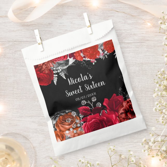 Elegant Red and Silver Flowers Sweet Sixteen  Favour Bag (Clipped)