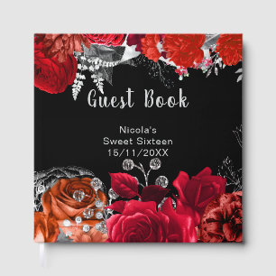 Elegant Red and Silver Flowers Sweet Sixteen Guest Book