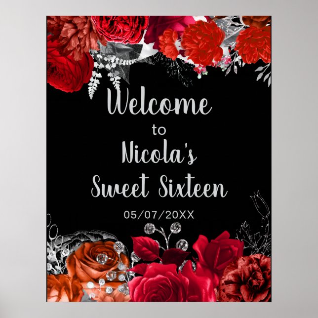 Elegant Red and Silver Flowers Sweet Sixteen  Poster (Front)