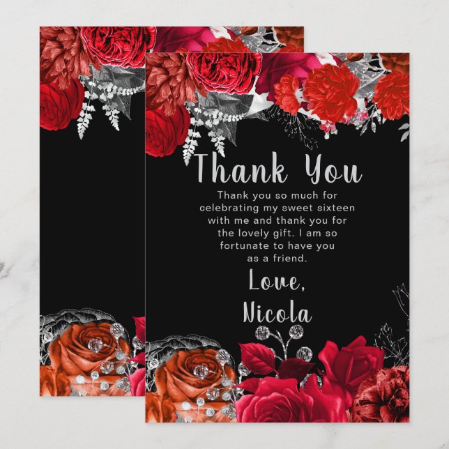 Elegant Red and Silver Flowers Sweet Sixteen Thank You Card (Front/Back)