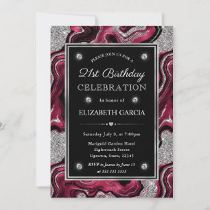 Elegant Red and Silver Glitter Agate 21st Birthday Invitation