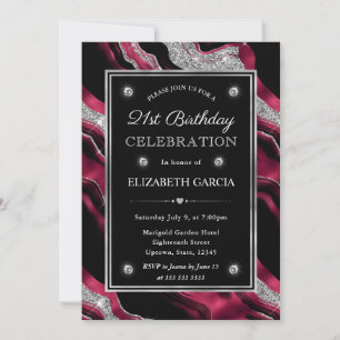 Elegant Red and Silver Glitter Agate 21st Birthday Invitation