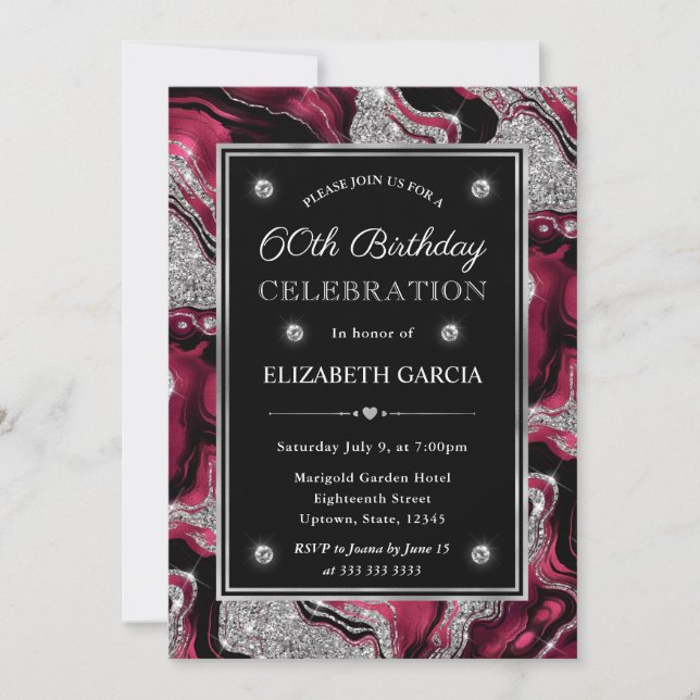 Elegant Red and Silver Glitter Agate 60th Birthday Invitation (Front)