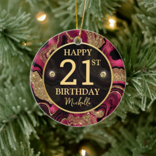 Elegant Red and Silver Glitter Agate Birthday Ceramic Ornament