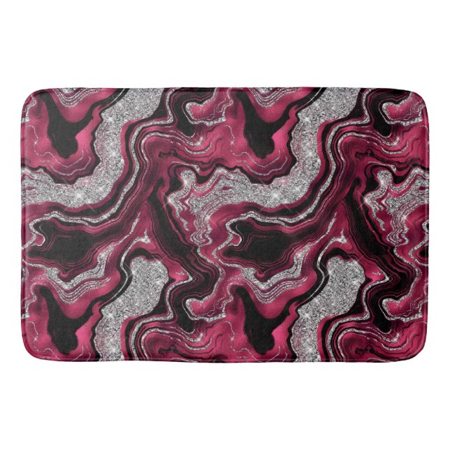 Elegant Red and Silver Glitter Agate Pattern Bath Mat (Front)