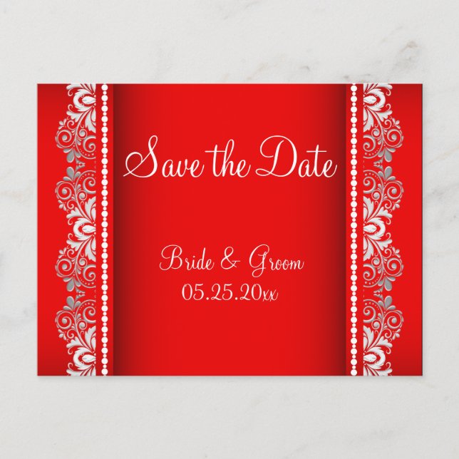Elegant Red and Silver Lace Style | Personalise Announcement Postcard (Front)