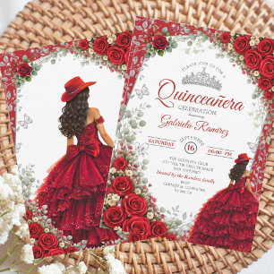 Elegant Red and Silver Watercolor Quinceañera  Invitation