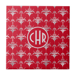 Elegant Red and White Damask Monogram Ceramic Tile