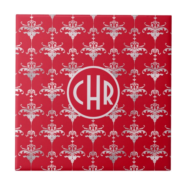 Elegant Red and White Damask Monogram Ceramic Tile (Front)
