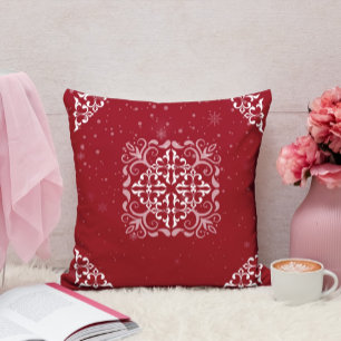 Elegant Red and White Ornament Throw Pillow
