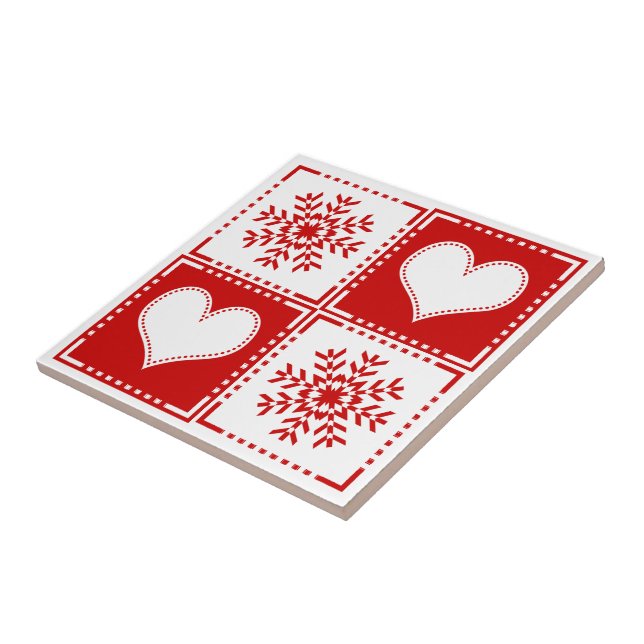 Elegant Red and White Snowflakes and Hearts Tile (Side)