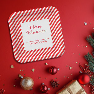 Elegant Red and White Striped Christmas  Paper Plate