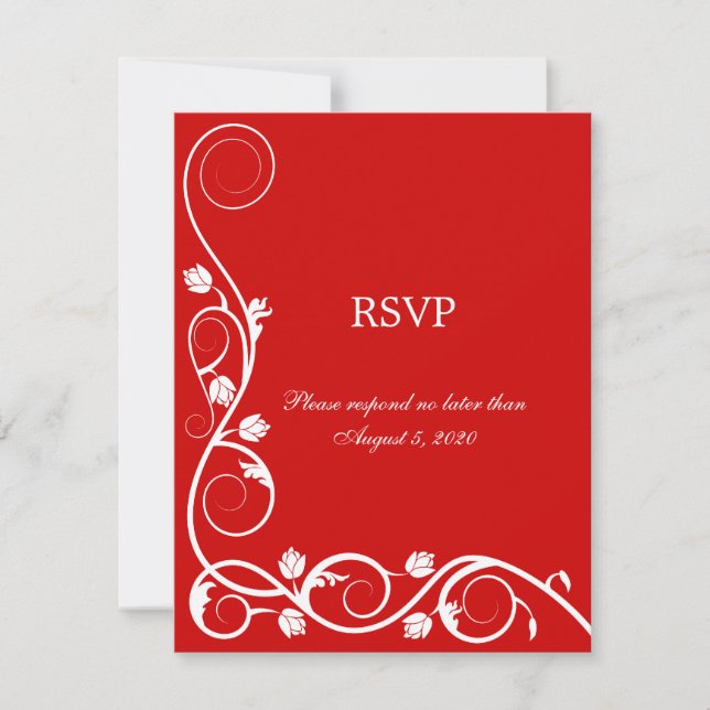 Elegant Red and White Swirls RSVP / Reply Card (Front)