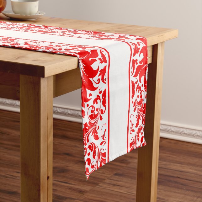 Elegant Red And White Swirls & Stripes Short Table Runner (In Situ)