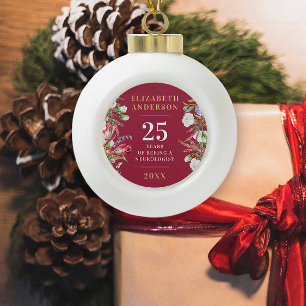 Elegant Red And White Wild Flowers Anniversary  Ceramic Ball Christmas Ornament