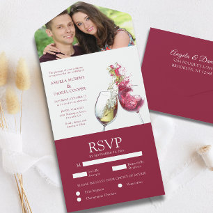 Elegant Red and White Wine Dance Photo Wedding All In One Invitation