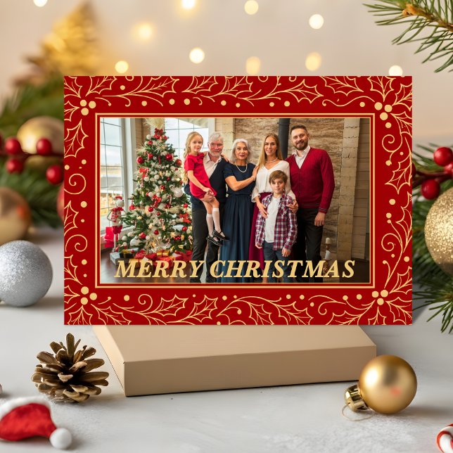 Elegant Red & Antique-Gold Family Christmas Photo Holiday Card (Creator Uploaded)