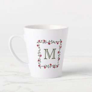 Elegant Red Apple Vine Black Monogram Initial Latte Mug