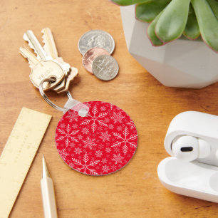 Elegant Red Aqua White Winter Snowflake Key Ring