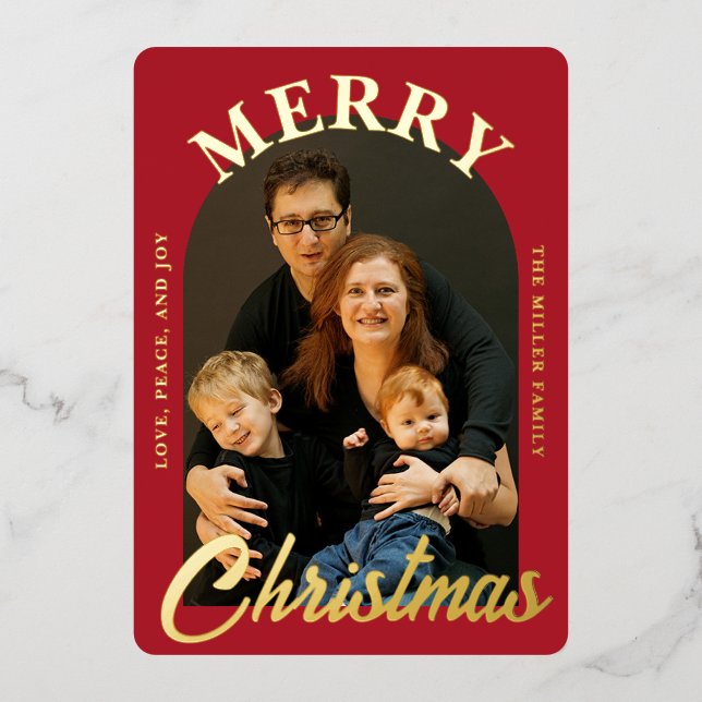 Elegant Red Arched Photo Foil Holiday Card (Front)