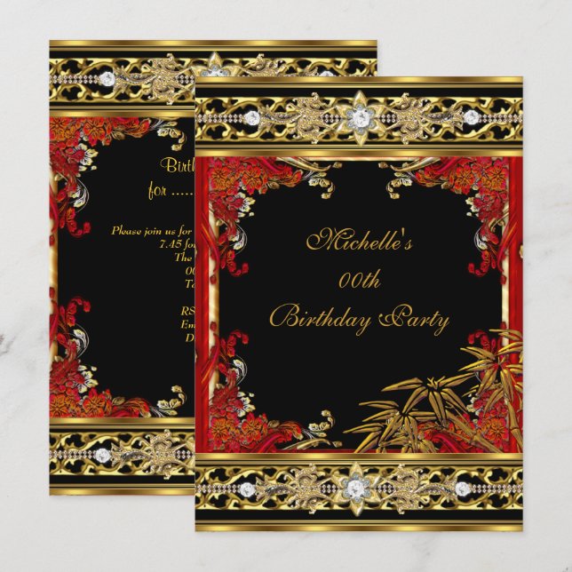 Elegant Red Asian Gold Bamboo Birthday Party Invitation (Front/Back)